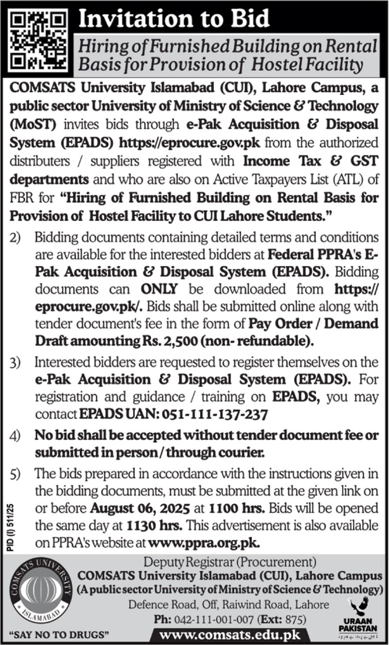 COMSATS University Islamabad Tender Notice